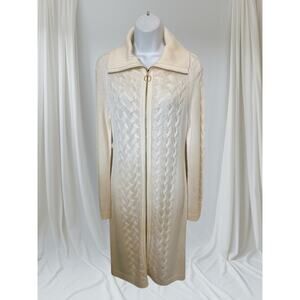 Vintage Cream Cable Knit Long Cardigan Sweater Coat Zip Front Duster Jacket. M